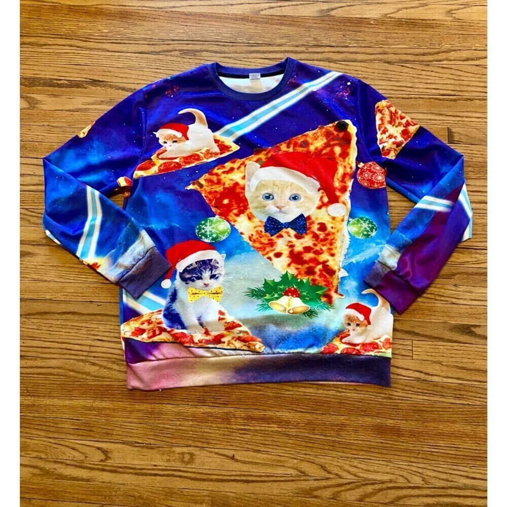 Funnycokid Galaxy Christmas Cat On Flying Pizza Ugly Christmas Sweater XL Cute